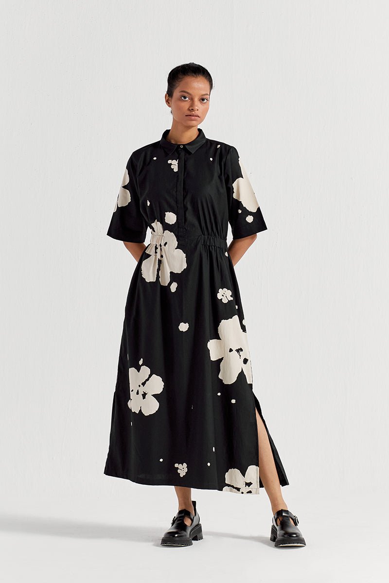 Collard Side Elastic Waist Dress - Black Floral - Three