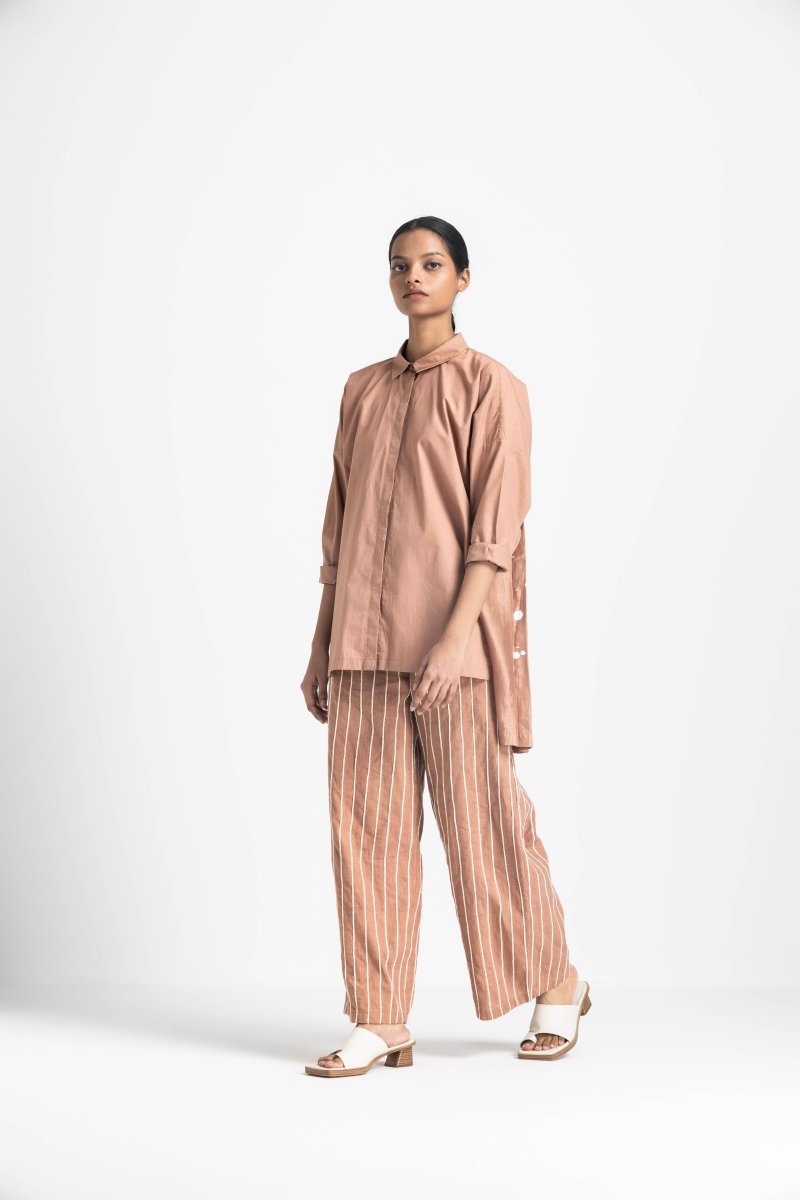 Collared Back Pleat Shirt Co-ord - Champagne - Three
