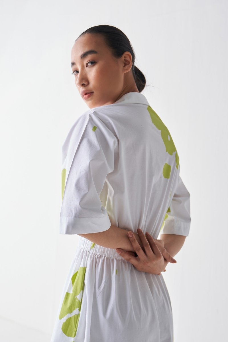 Collared Side Elastic Waist Dress - Lime Print - Three