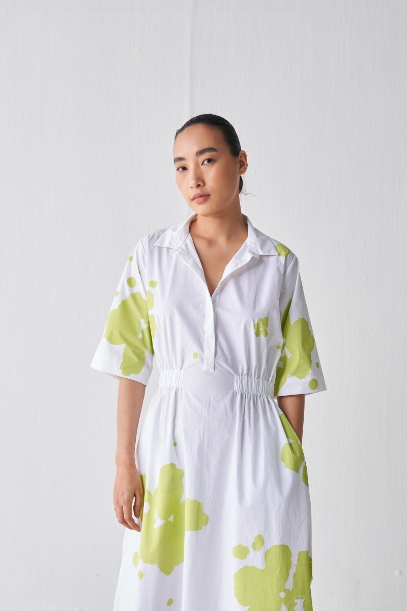 Collared Side Elastic Waist Dress - Lime Print - Three