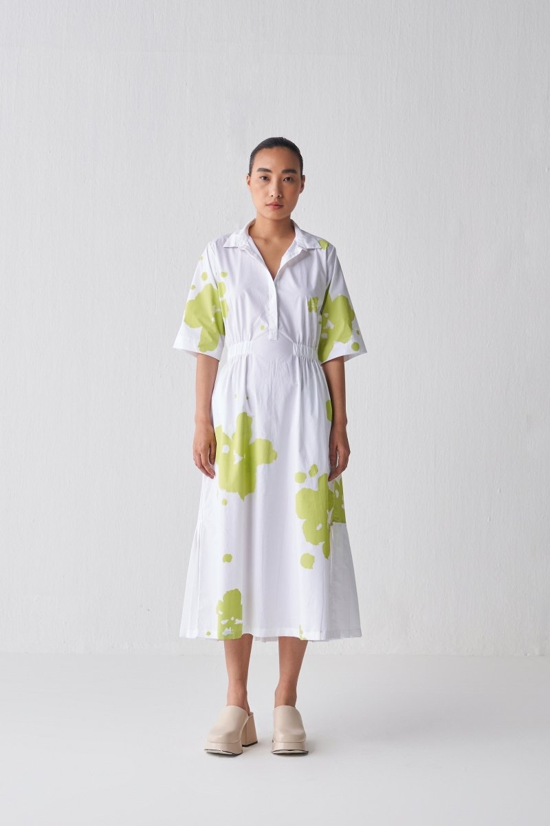 Collared Side Elastic Waist Dress - Lime Print - Three