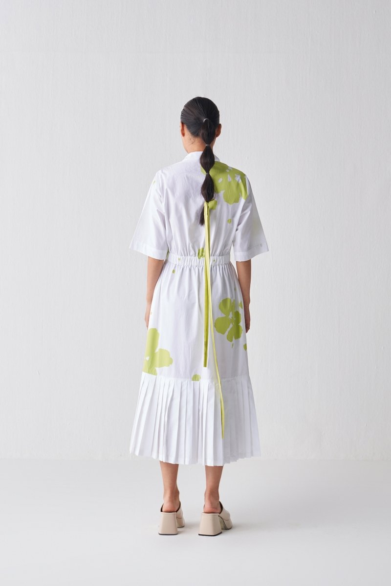 Collared Side Elastic Waist Dress - Lime Print - Three