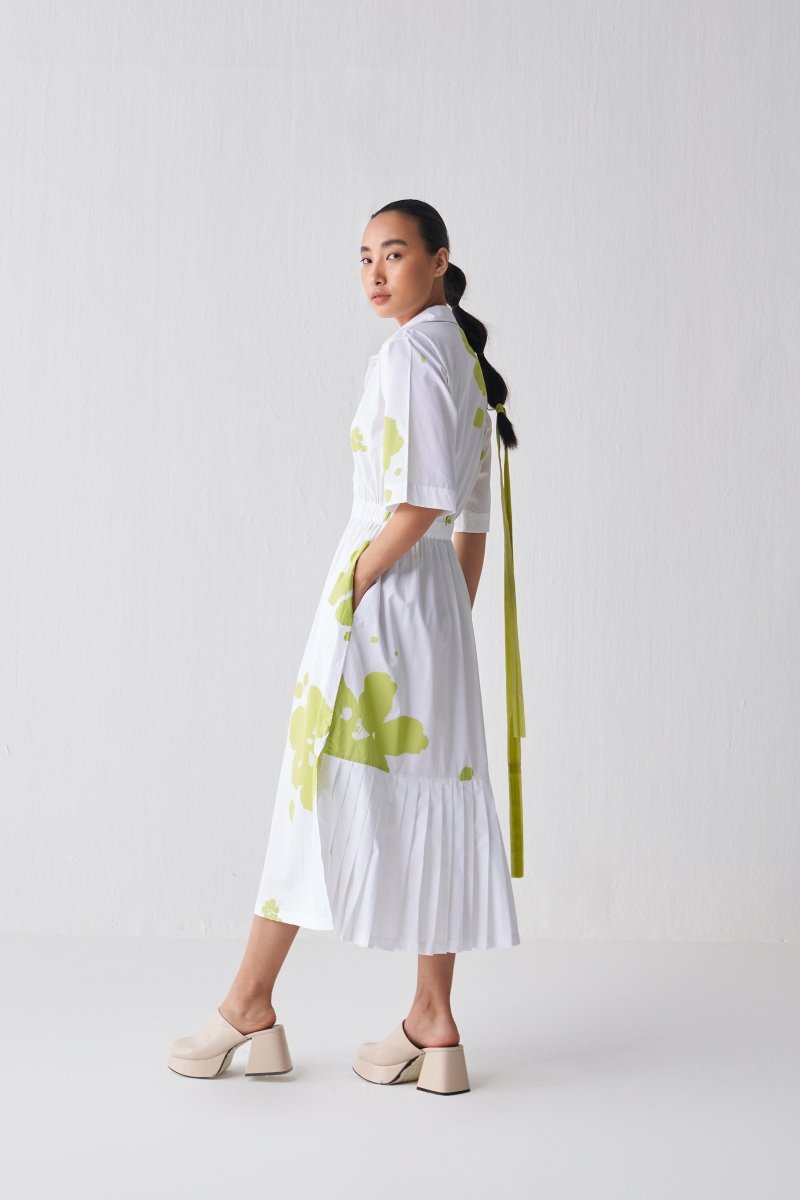 Collared Side Elastic Waist Dress - Lime Print - Three