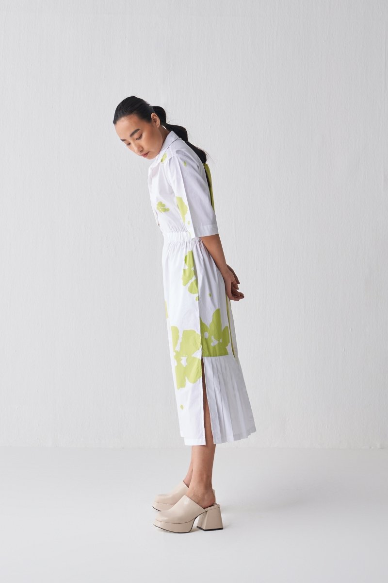Collared Side Elastic Waist Dress - Lime Print - Three