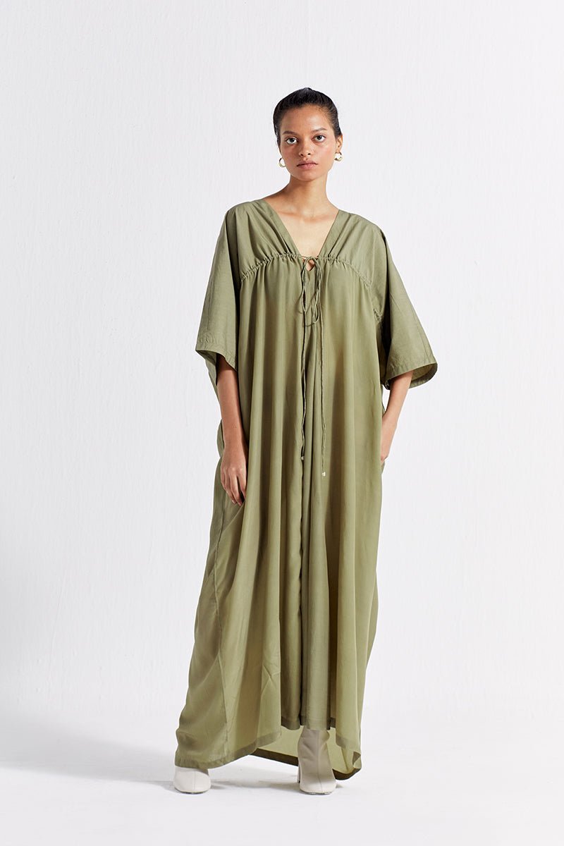 Shop Drawstring Kaftan in Sap Green | Wear Three Three Clothing Shop Drawstring Kaftan in Sap Green | Wear Three Three Clothing