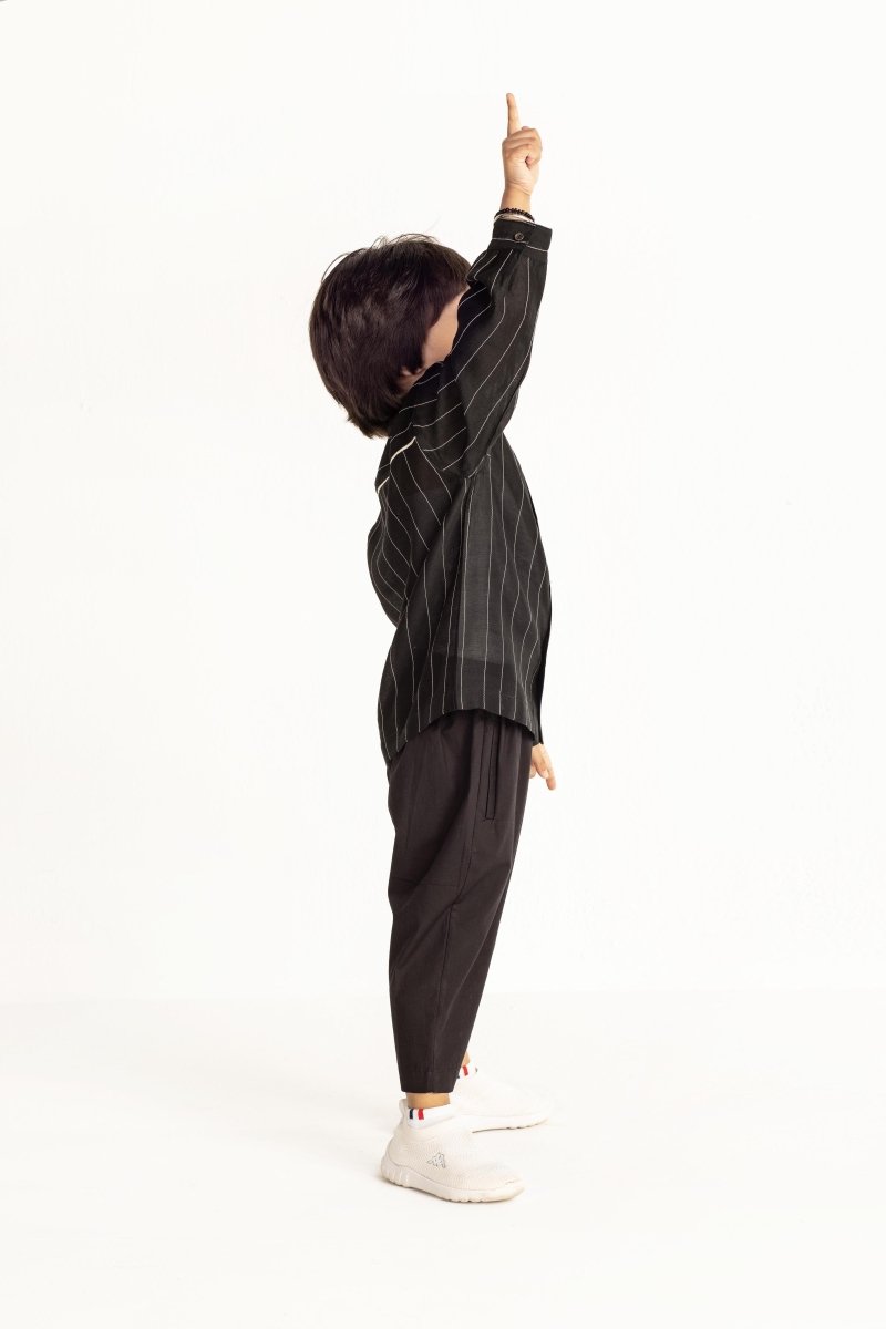 Embroidered Band Collar Shirt- Black - Three