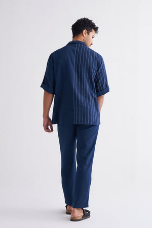 Embroidered Stripe Shirt Co-ord - Navy - Three