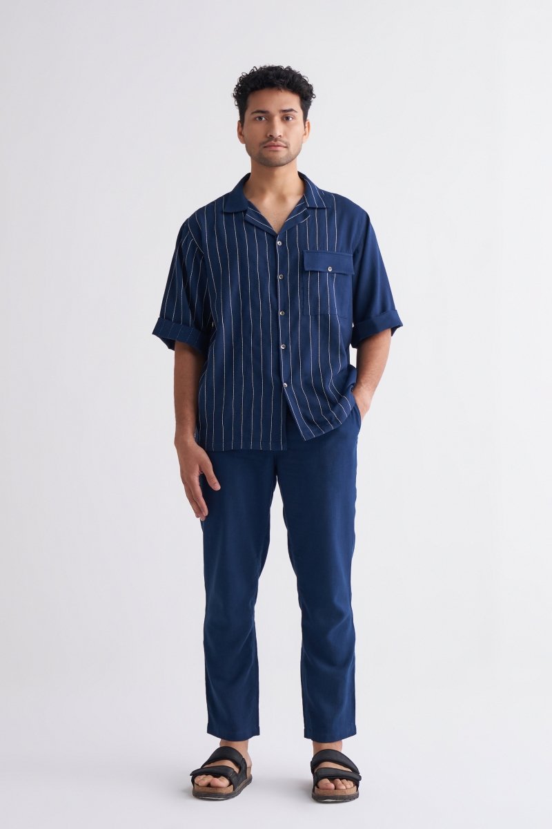 Embroidered Stripe Shirt - Navy - Three