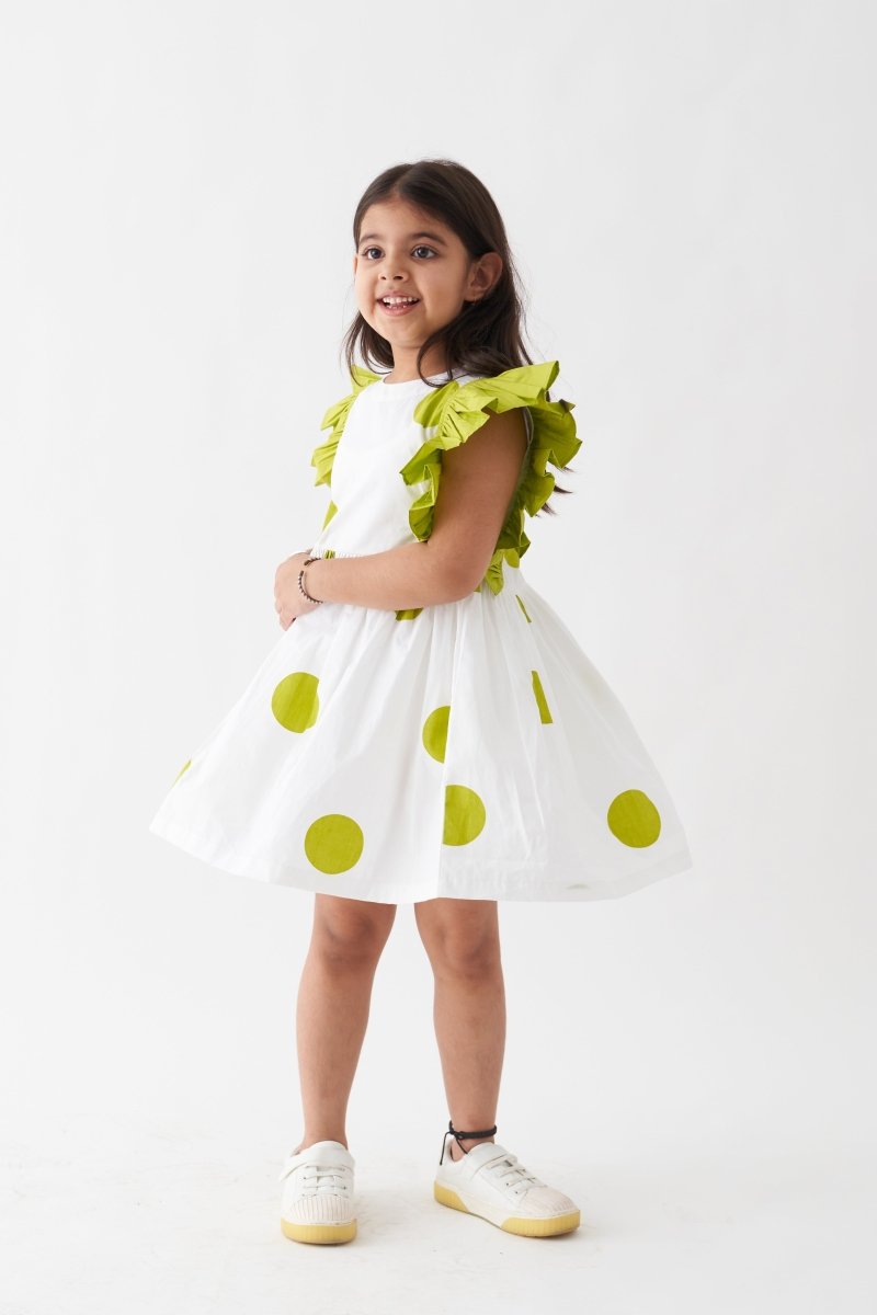Frill Sleeve Dress - Lime Polka - Three
