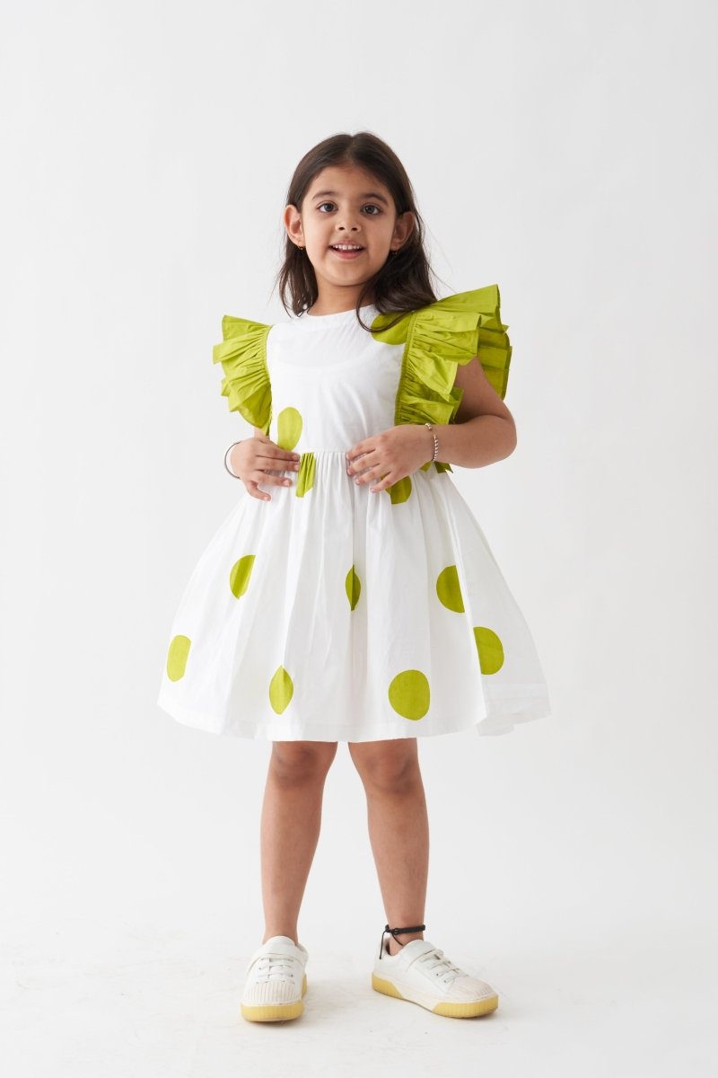 Frill Sleeve Dress - Lime Polka - Three