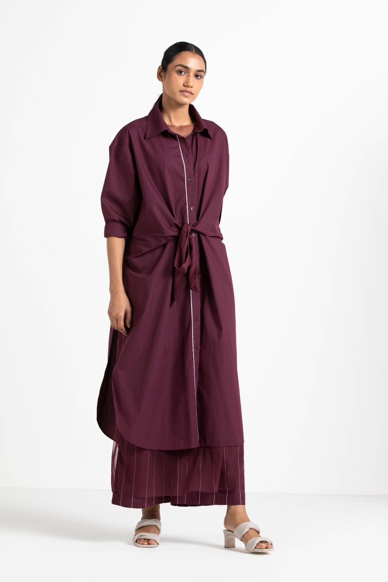 Front Knot Shirt Co - ord - Wine (Set of 2) - Three Clothing