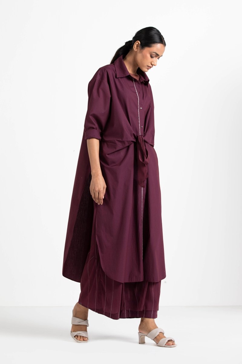 Front Knot Shirt Co - ord - Wine (Set of 2) - Three Clothing