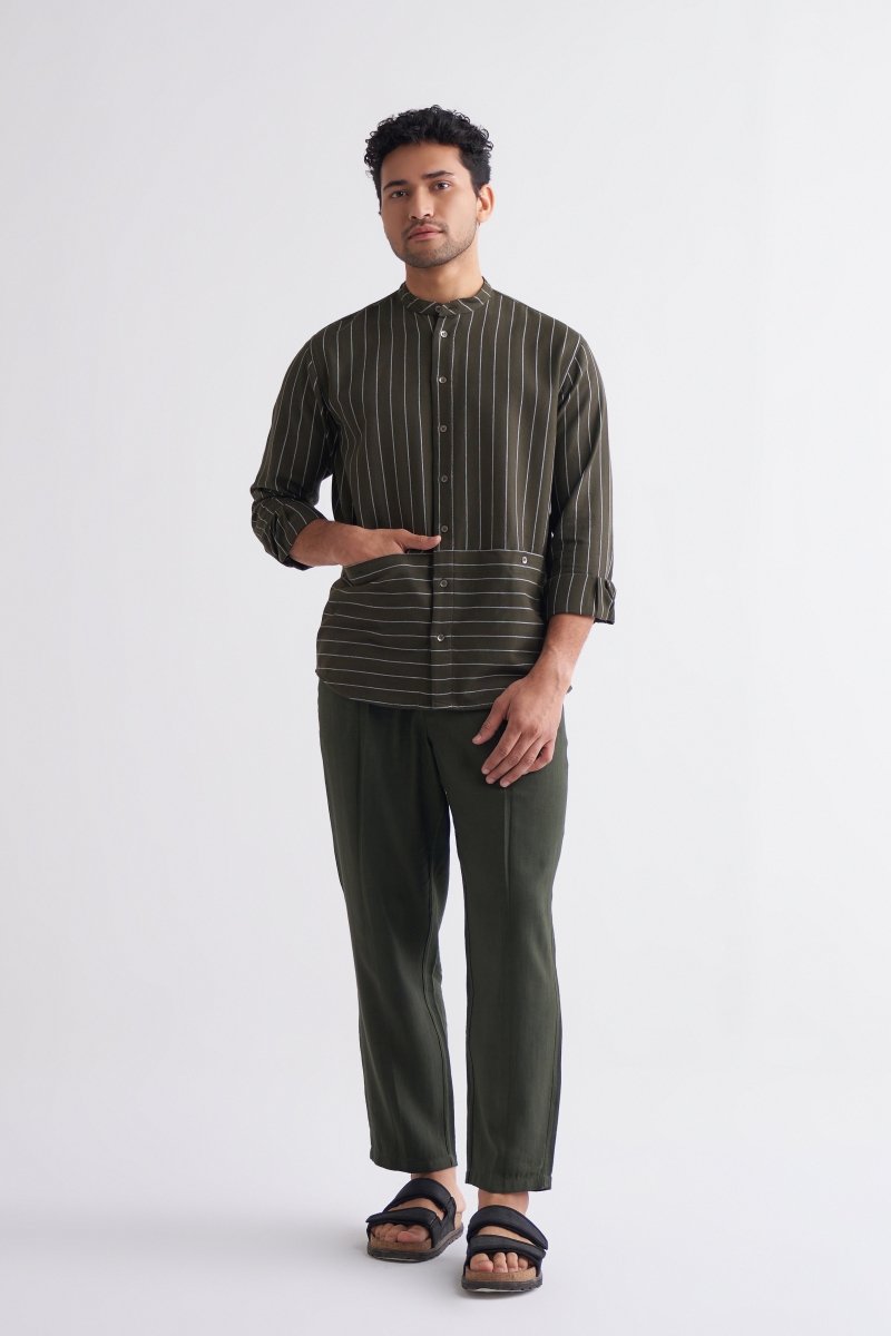 Front Pocket Shirt Co-ord - Olive Stripe - Three