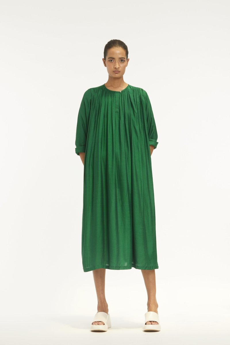 Gather Neck Dress - Emerald Green - Three