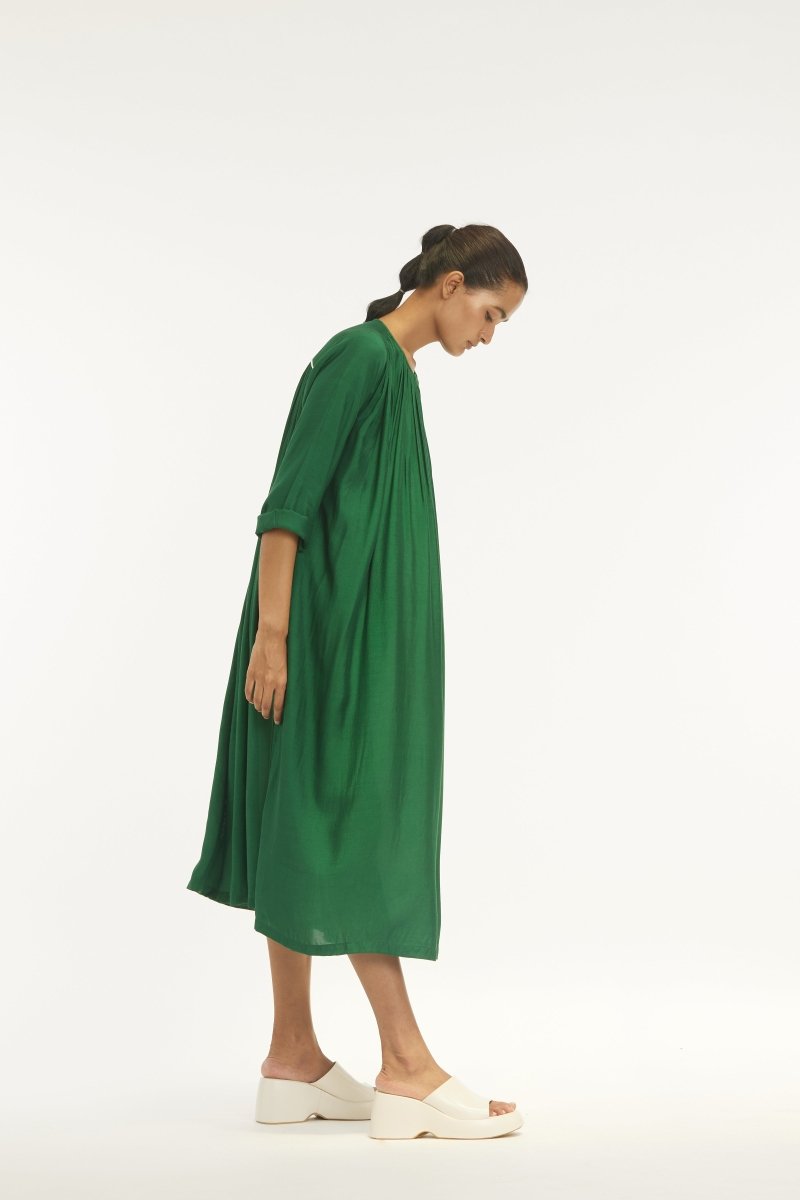 Gather Neck Dress - Emerald Green - Three