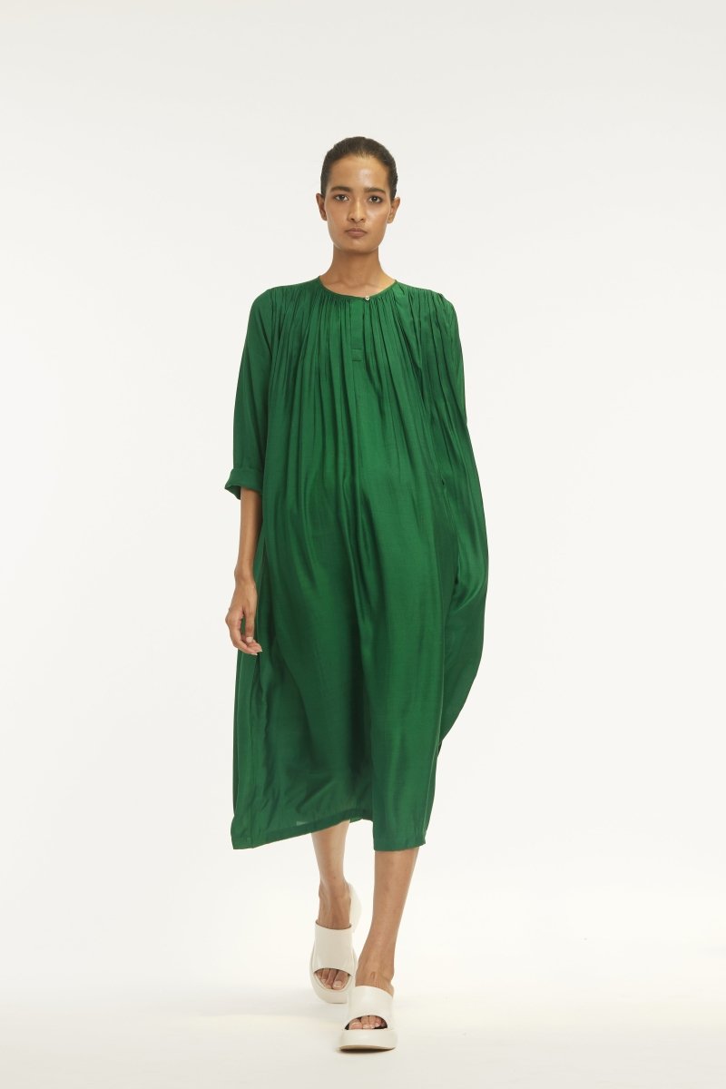 Gather Neck Dress - Emerald Green - Three