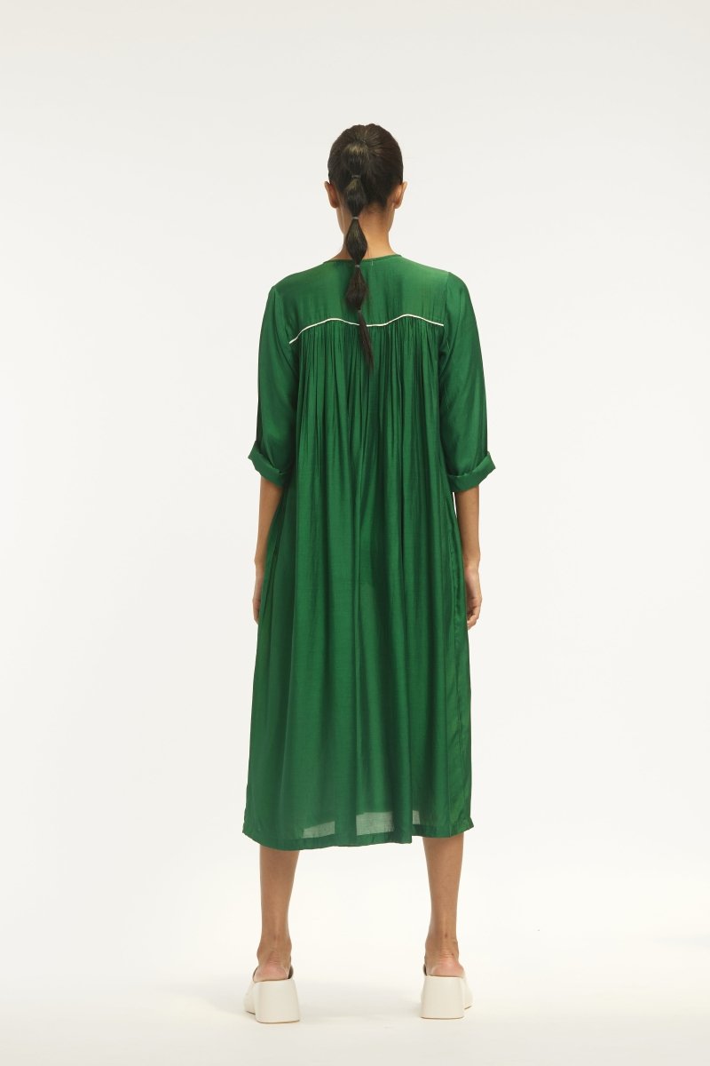 Gather Neck Dress - Emerald Green - Three