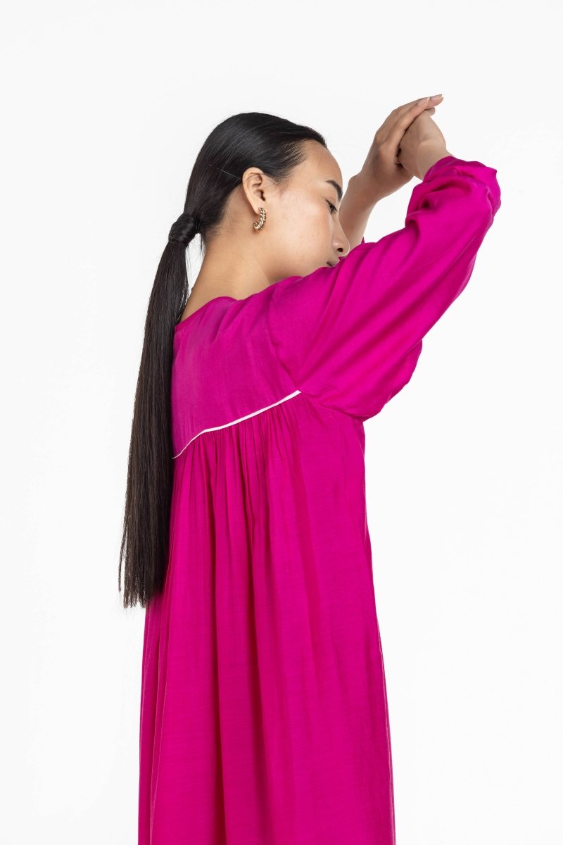 Gather Neck Dress Hot Pink - Three