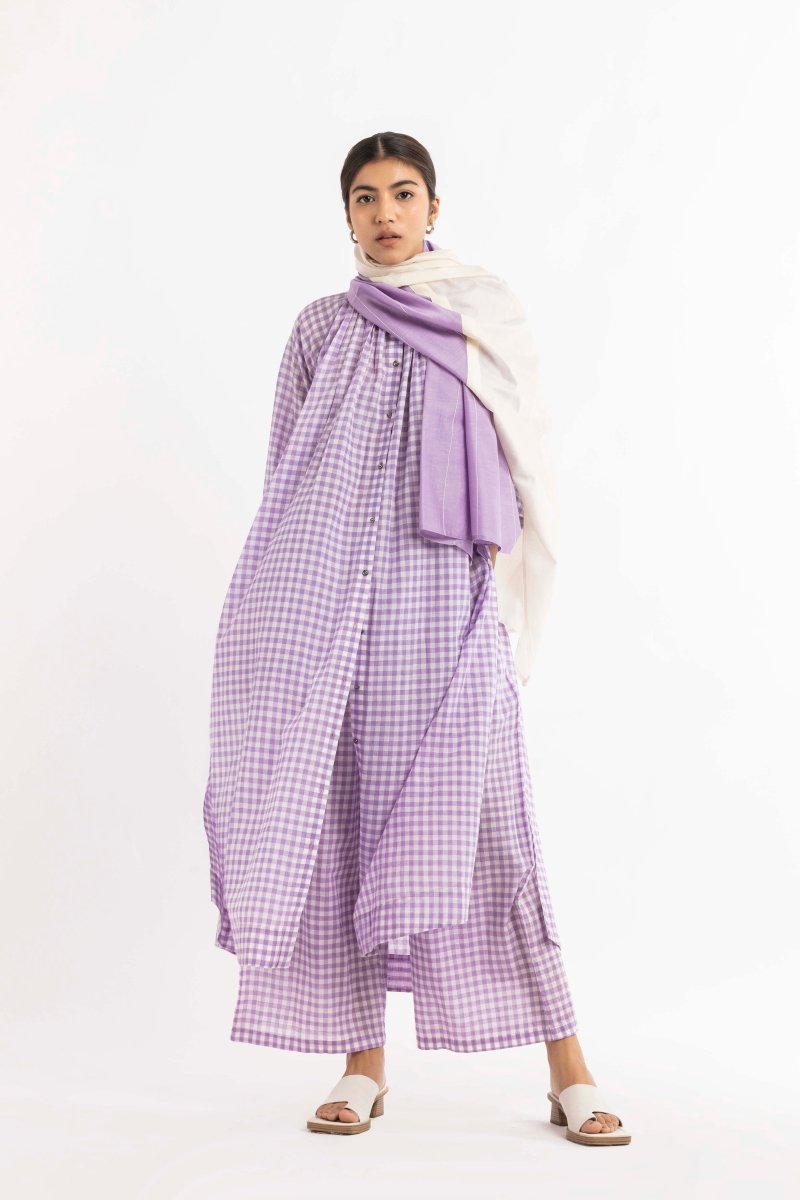 Gather Neck Shirt Co-ord Lavender Check (Set of 3) - Three