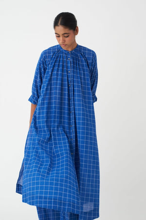 Gather Neck Shirt Co-ord (Set of 2) - Electric Blue Check - Three