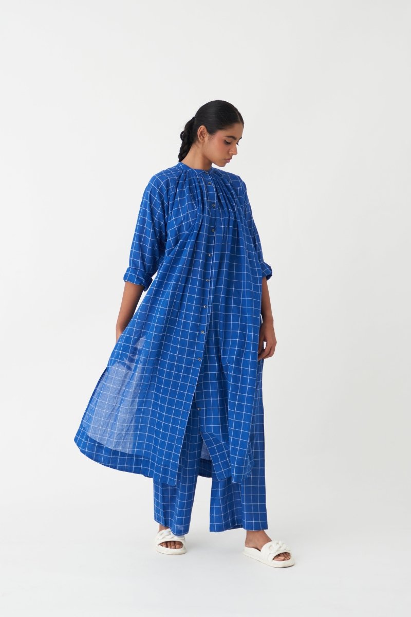 Gather Neck Shirt Co-ord (Set of 2) - Electric Blue Check - Three