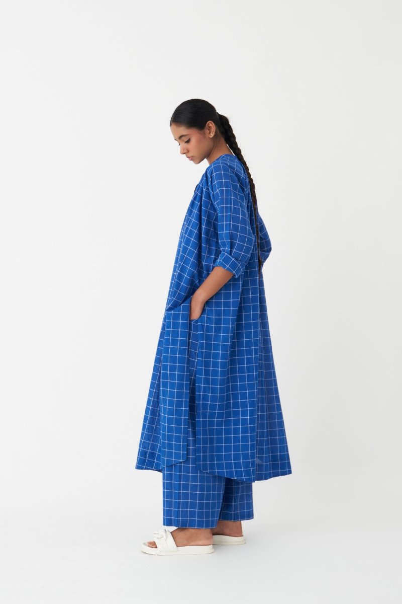 Gather Neck Shirt Co-ord (Set of 2) - Electric Blue Check - Three