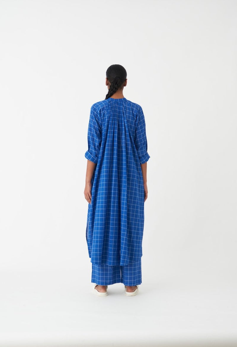 Gather Neck Shirt Co-ord (Set of 2) - Electric Blue Check - Three