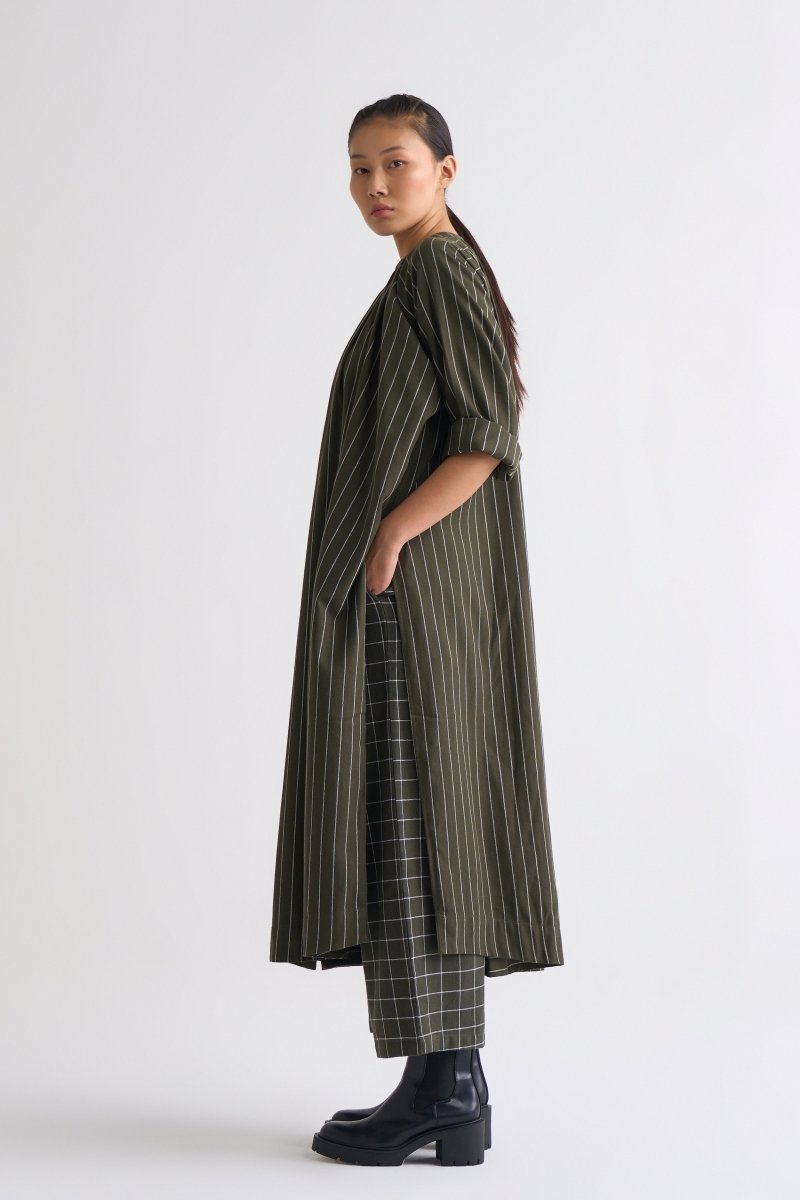 Gather Neck Shirt - Olive Stripe - Three