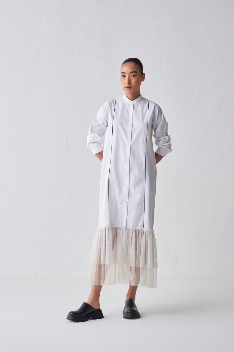 Gathered Hem Shirt Dress - White - Three