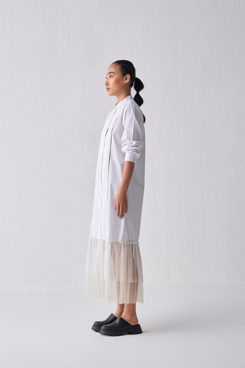 Gathered Hem Shirt Dress - White - Three