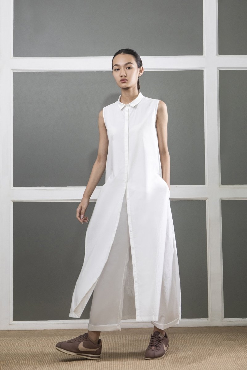 High Slit Sleeveless Shirt- White - Three