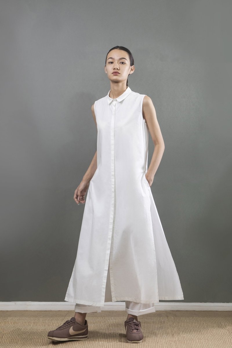 High Slit Sleeveless Shirt- White - Three