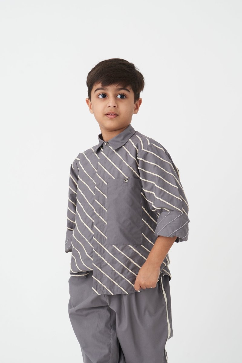 Linear Embroidered Shirt Co-ord - Grey - Three