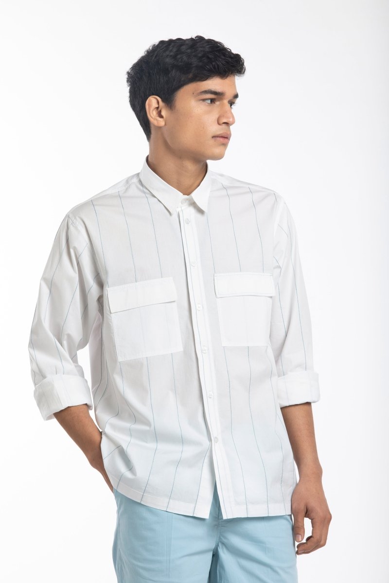 Linear Embroidered Shirt- White - Three