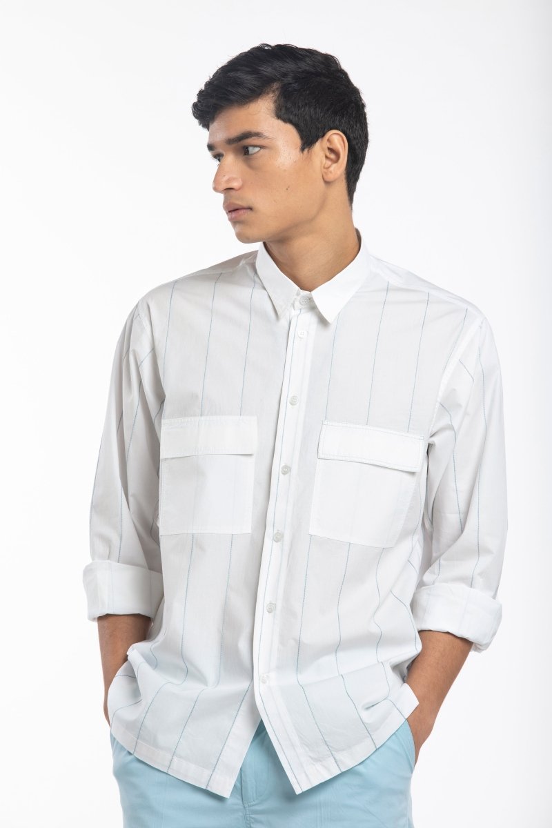 Linear Embroidered Shirt- White - Three