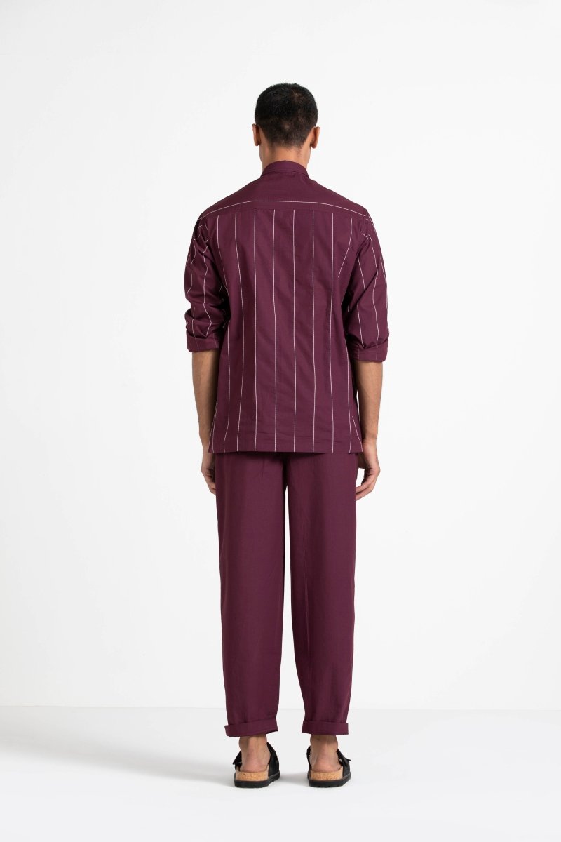 Linear Embroidered Shirt - Wine - Three
