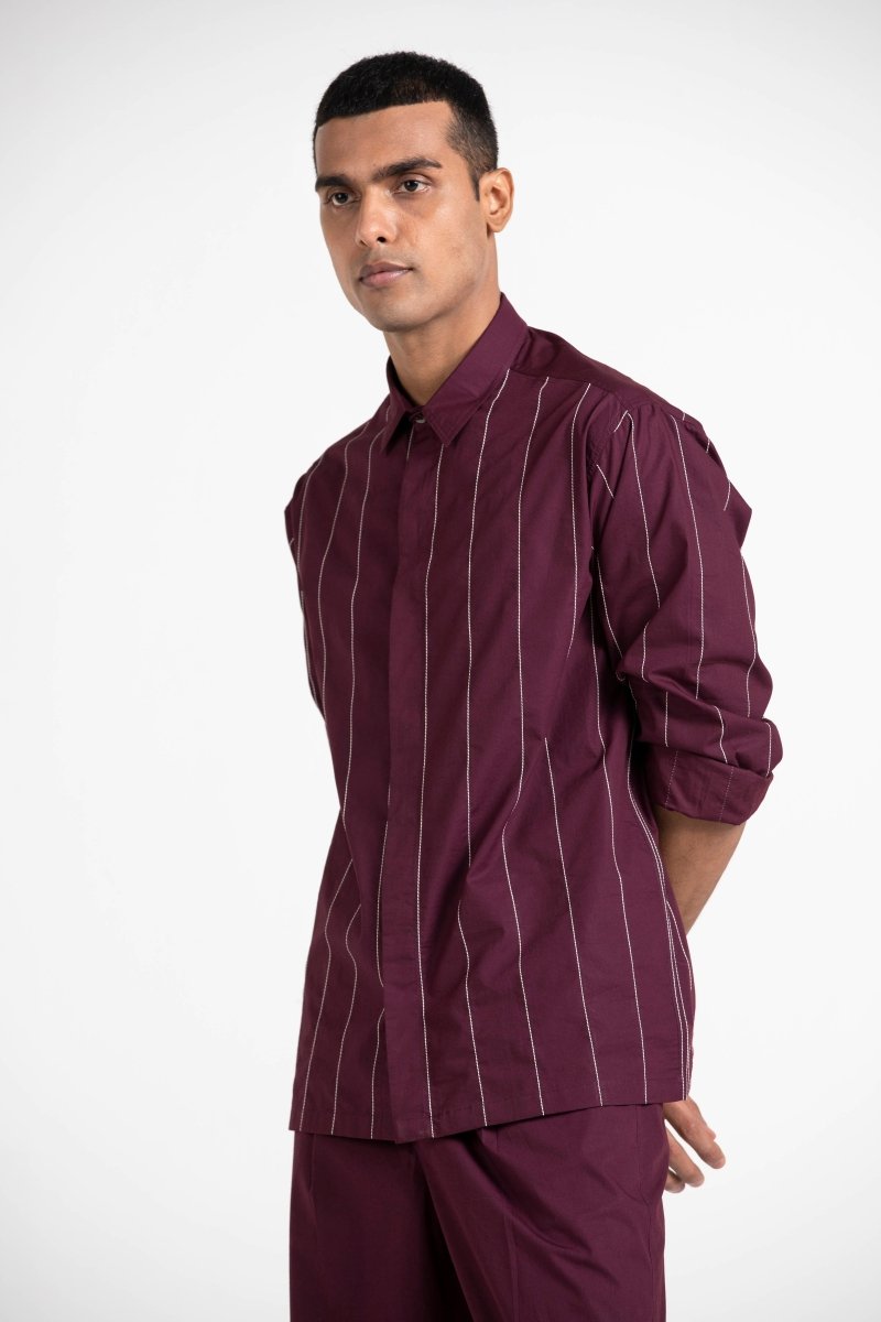 Linear Embroidered Shirt - Wine - Three