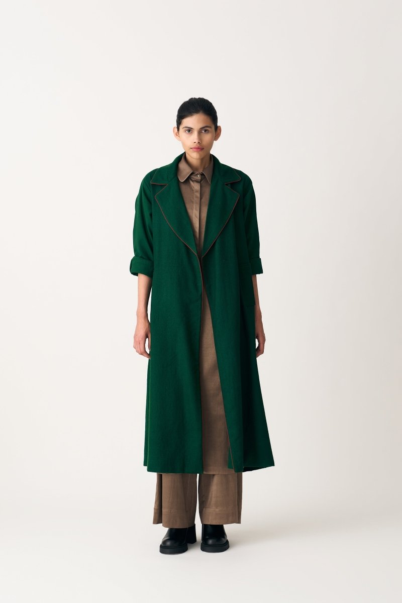 Notch Collar Woollen Trench Overlay Co-ord - Emerald Green (Set of 3) - Three