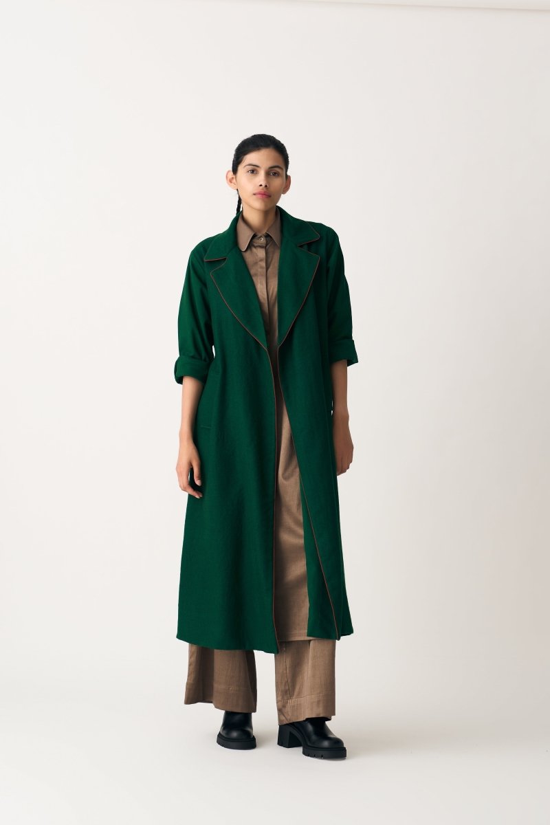 Notch Collar Woollen Trench Overlay Co-ord - Emerald Green (Set of 3) - Three