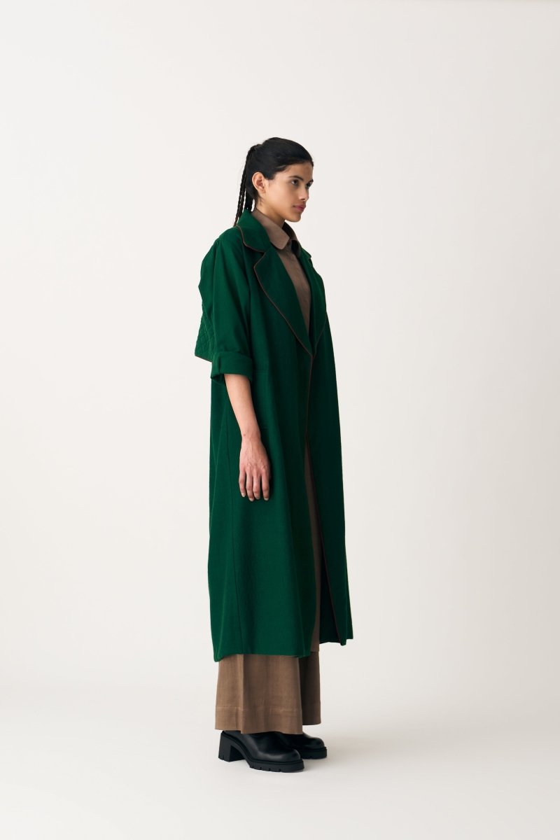 Notch Collar Woollen Trench Overlay Co-ord - Emerald Green (Set of 3) - Three