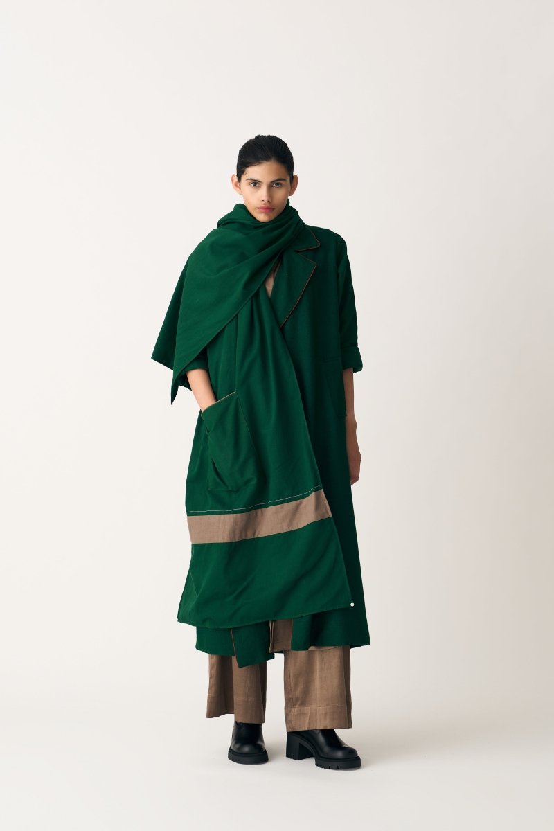 Notch Collar Woollen Trench Overlay Co-ord - Emerald Green (Set of 4) - Three