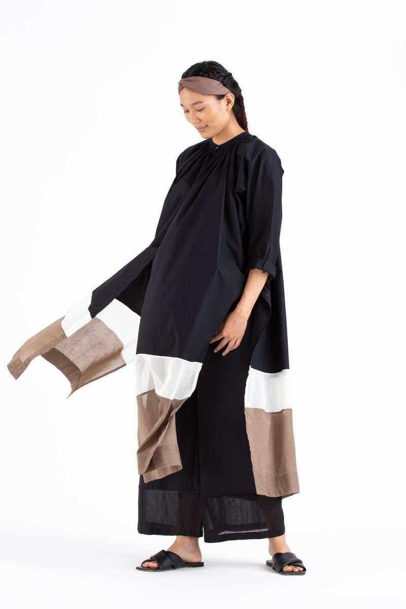 Panel Gather Neck Shirt- Black - Three