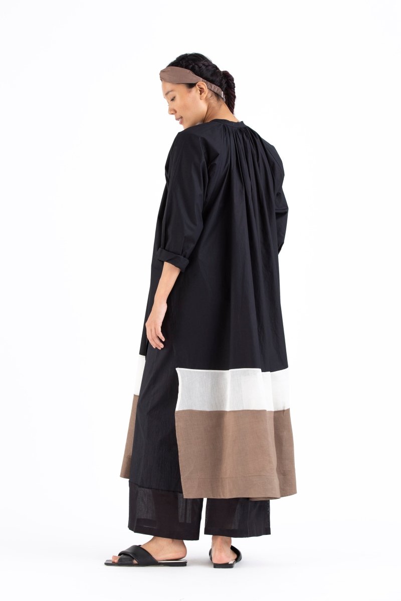 Panel Gather Neck Shirt- Black - Three