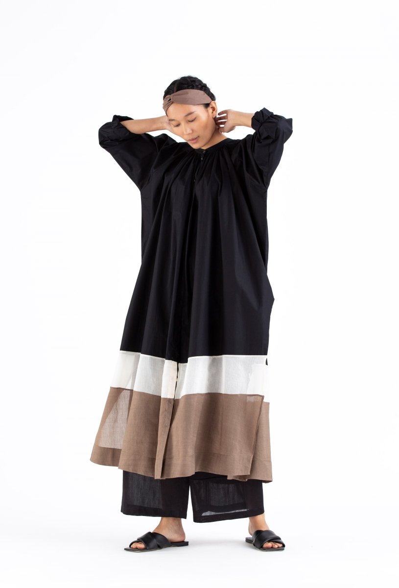 Panel Gather Neck Shirt- Black - Three