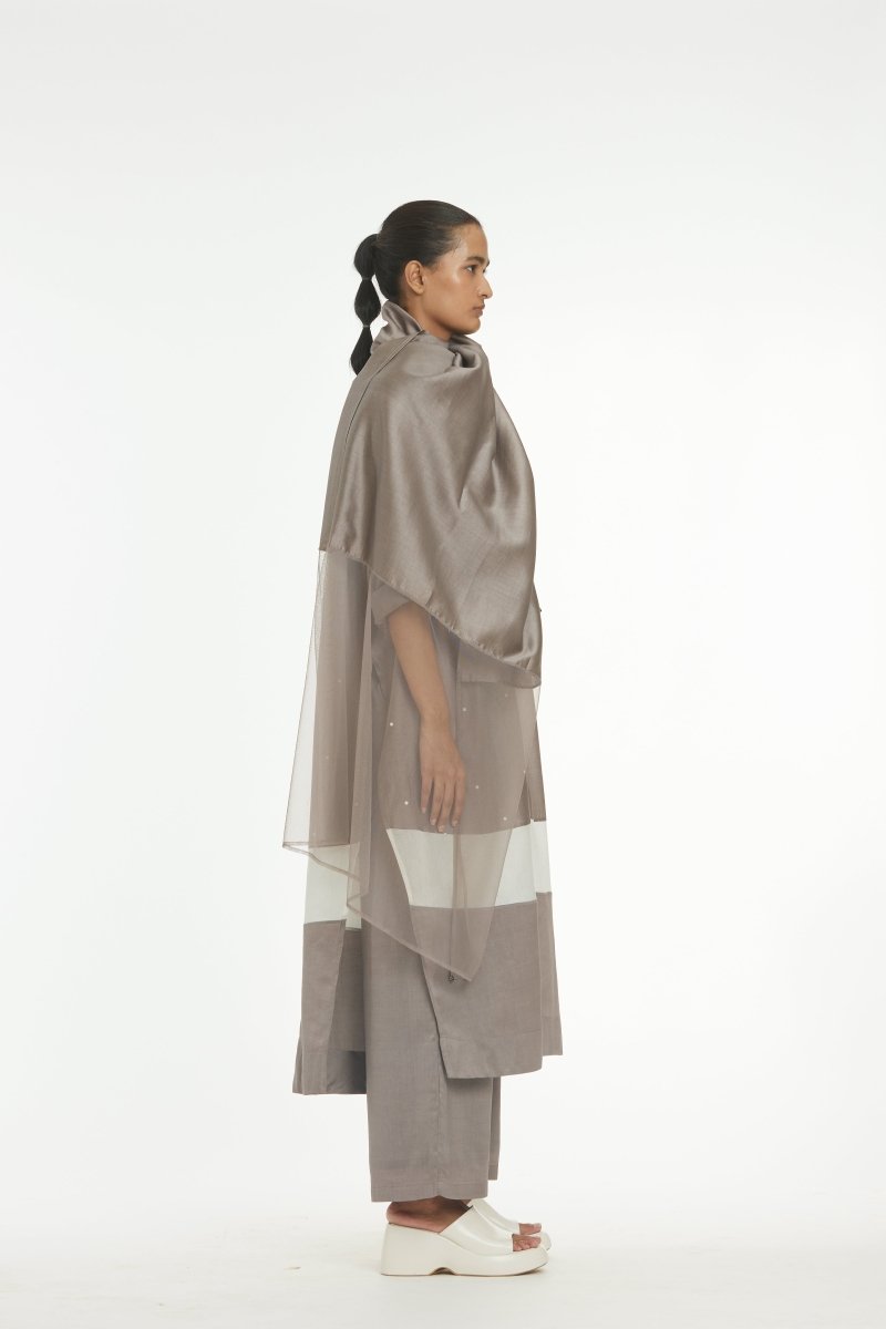 Panel Gather Neck Shirt Co-ord Greige Polka - Three