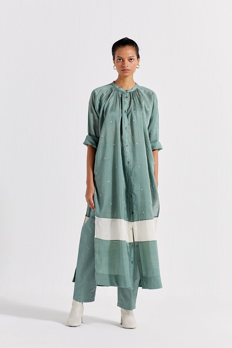 Panel Gather Neck Shirt Co-ord (set of 2) - Jade - Three