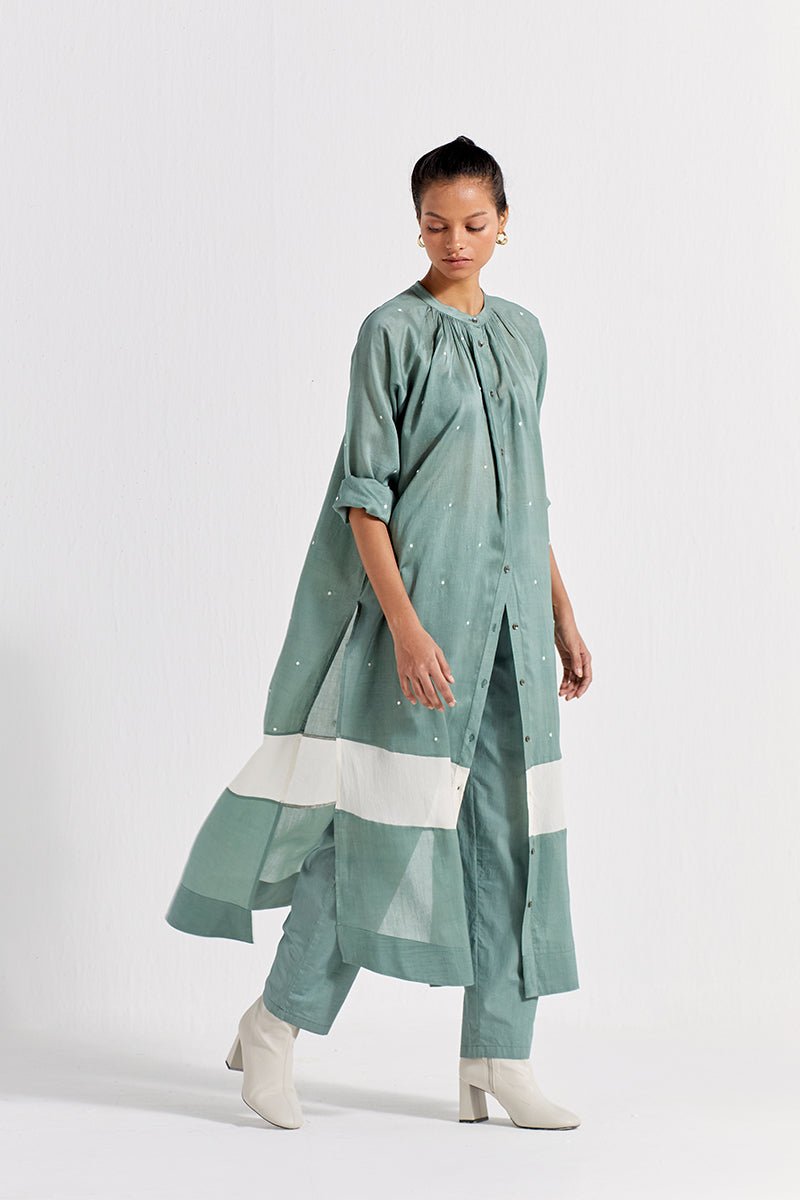 Panel Gather Neck Shirt Co-ord (set of 2) - Jade - Three