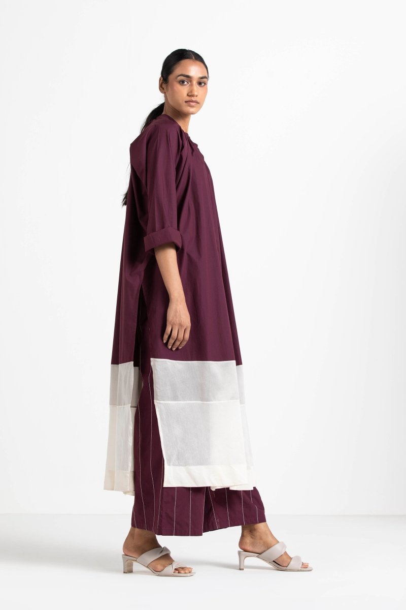 Panel Gather Neck Shirt Co-ord Wine (Set of 2) - Three