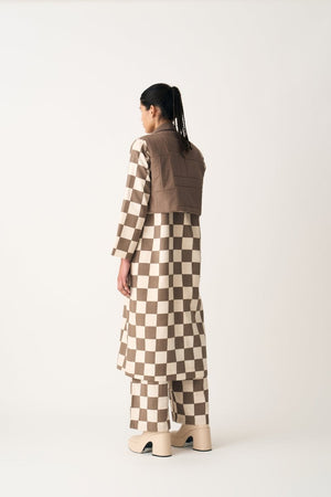 Quilted Yoke Trench Overlay Co-ord - Umber Check (Set of 2) - Three
