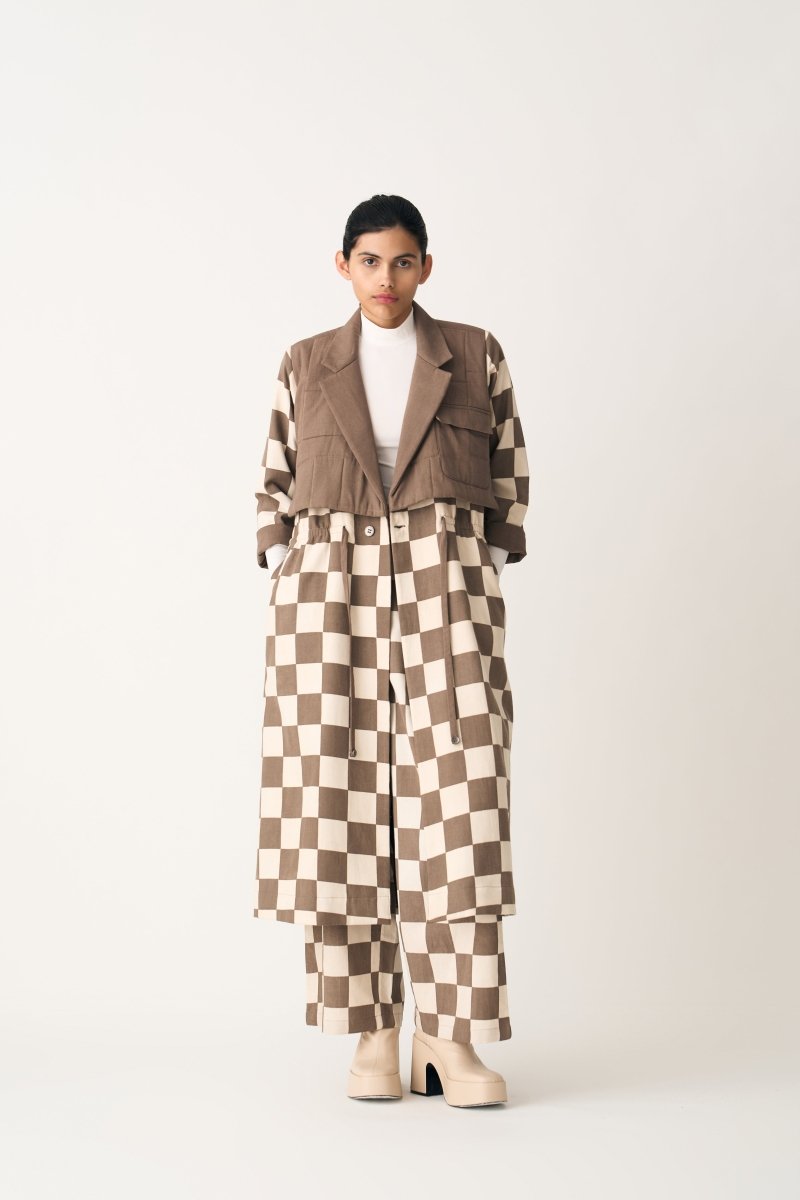 Quilted Yoke Trench Overlay Co-ord - Umber Check (Set of 2) - Three